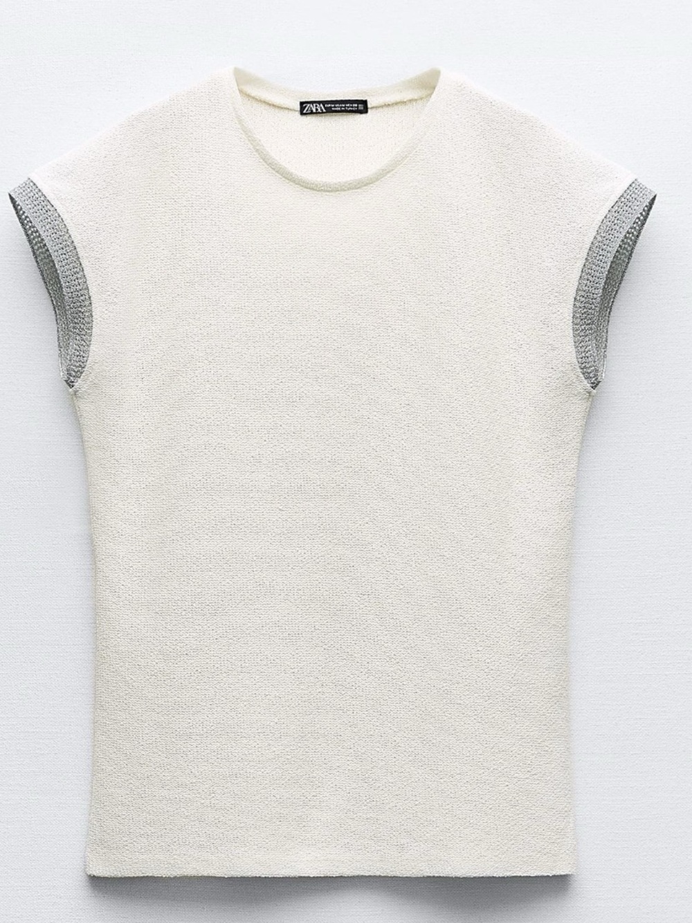 Zara Cream Knit Top with Silver Metallic Trim Size S